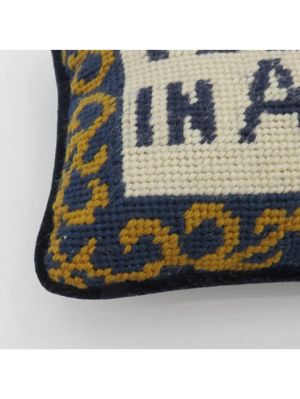 I Believe in Angels Wool Needlepoint Gold Scroll Blue Velvet Throw Pillow VTG